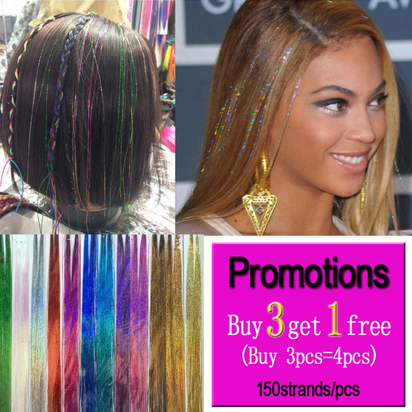 Sparkle Hair Tinsel Bling Hair Secoration For Synthetic Hair Extension Glitter Rainbow For Girls And Party 90cm 150Strands/pcs