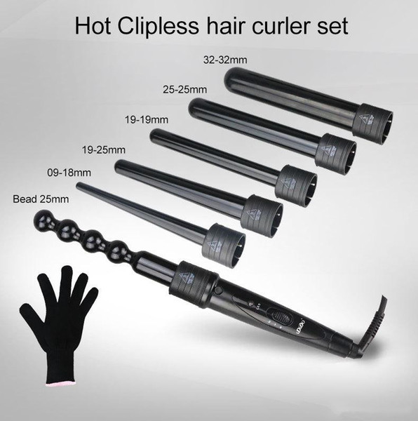 DHL Free 6 in 1 Curling Wand Set Ceramic hair Curling Tong Hair Curl Iron The Wand Hair Curler Roller Gift Set 09-32mm EU/US plug