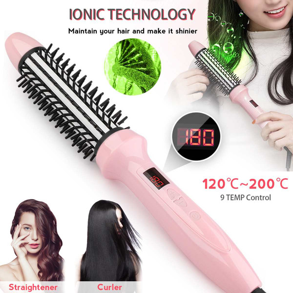 Ionic Comb Hair Dryer 2 In 1 Straightener Curler Electric Blow Dryer with Comb Ceramic LCD Anion Brush Hair Styler