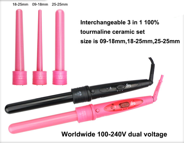 Professional Hair Curling Irons Interchangeable 3 In 1 100% Tourmaline Ceramic Curler Set Free Shipping By DHL.