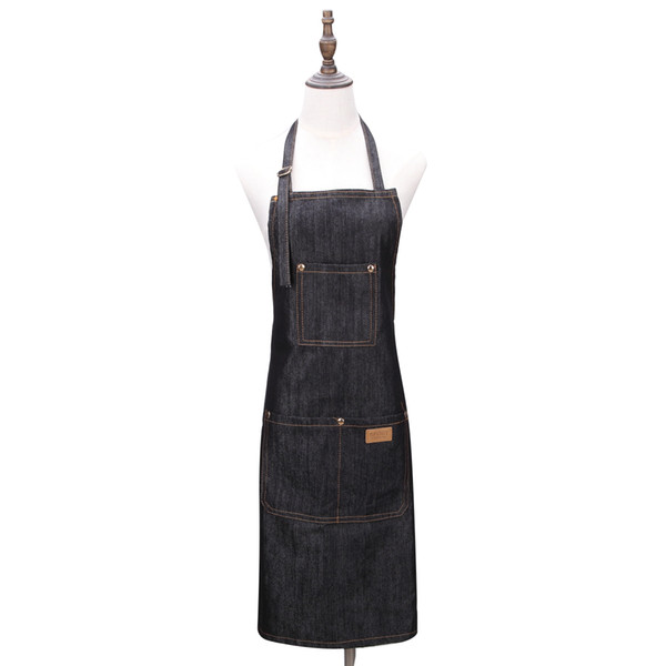 Black Sleeveless Pocket Denim Work Apron Cooking Cloth Antifouling Adjustable Removable Unisex Uniform Pinafore