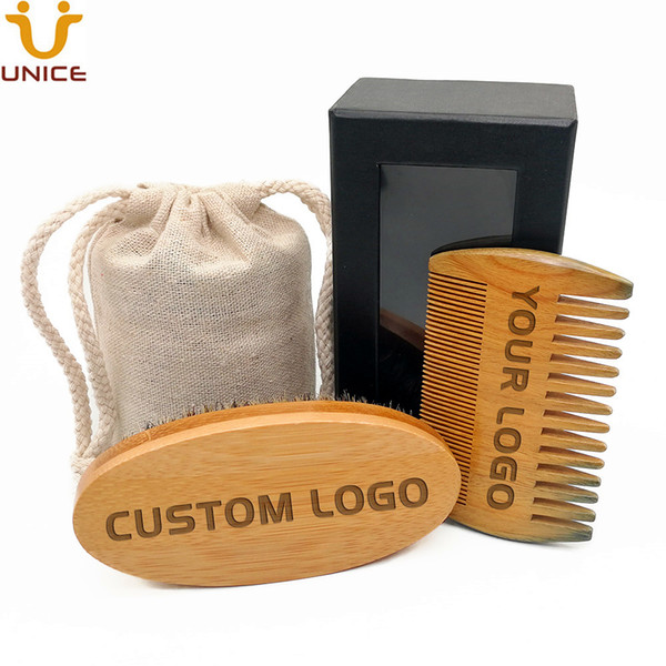 MOQ 50 sets Customize LOGO Men Beard Kit Boar Bristle Beard Brush and Fine & Coarse Teeth Green Sandalwood Combs With Gift Box Bag