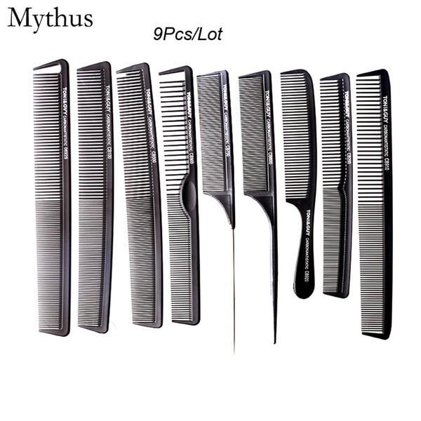 9 pcs Comb Set Profeesional Hair Cutting Carbon Comb In Different Designs, Carbon Antistatic Comb Set For Salon CT-08