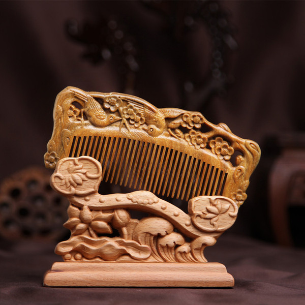 Genuine green sandalwood carving comb green plums magpie double comb health green small comb comb health massage comb