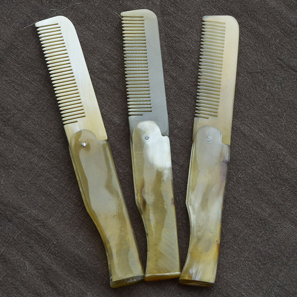 Hot 50pcs/lot Fast Foldable Horn comb Portable Folding Comb Anti-Static Hairbrush Handmade Natural Ox Horn Combs