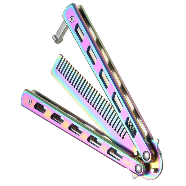 Rainbow Hair Foldable Comb Stainless Steel Practice Training Butterfly Knife Comb Beard & Moustache Brushes Hairdressing Styling Tool