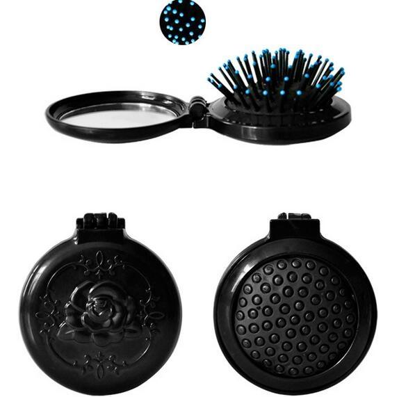 100pcs/lot New Girls Portable Mini Folding Comb Airbag Massage Round Travel Hair brush With Mirror Cute