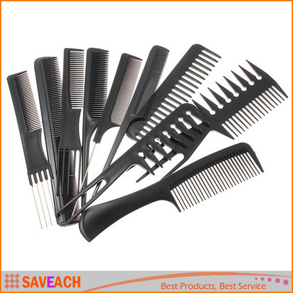 10 Piece/Lot Black Professional Comb Set, Portable Salon Hair Styling Hairdressing Plastic Barbers Combs Set