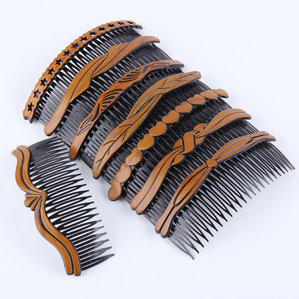 hot sale Plastic wood lines hollow five-pointed star bow comb Korean version of Mom's fashion vintage hair comb wholesale