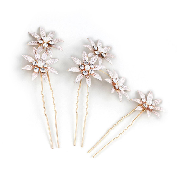 3pcs Hairpins Flower Leaf Crystal Pearls Decorative Rhinestone Handwork Headwear Plate Hair Fork for Hair Accessories Bridal