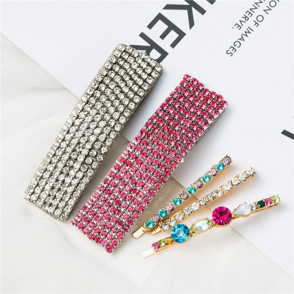 1Set Fashion Korea Shiny Crystal Rhinestones Hairpins Barrettes Long Hair Clips For Women Girls Slide Clip Hair Accessories