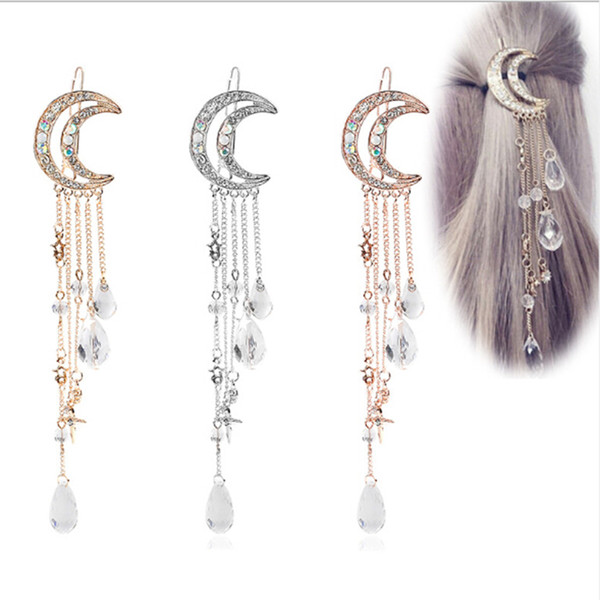 Women Clip Moon Rhinestone Crystal Pendant Pin Tassel Long Chain Beads Hairpin Ladies Hair Jewelry Hair Clip Drop Shipping