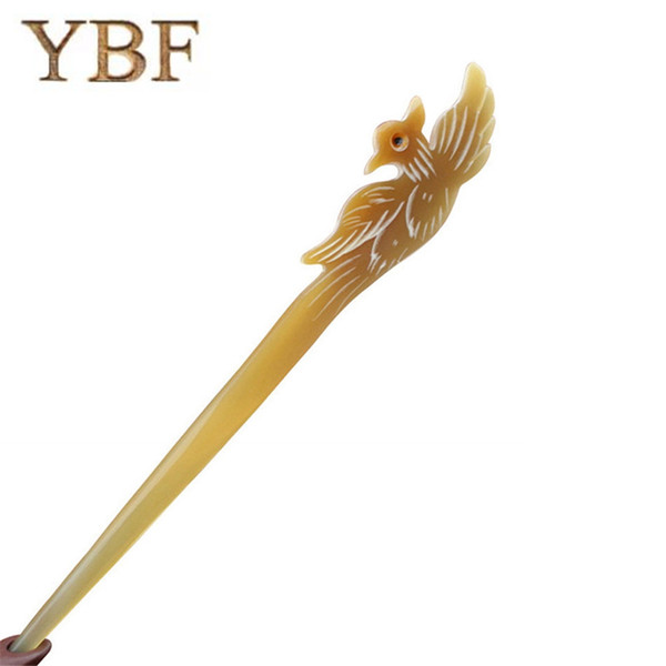 YBF Handmade Yellow Cattle Horn Hair Sticks Hairwear Pins Bird Phoenix Romantic Valentines Day Headdress Hairpin Wedding Gift