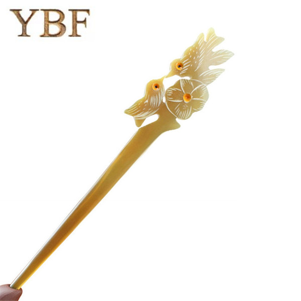 YBF Handmade Yellow Cattle Horn Hair Sticks Hairwear Pins Male and female Mandarin ducks Romantic Valentine's Day Brida Gift