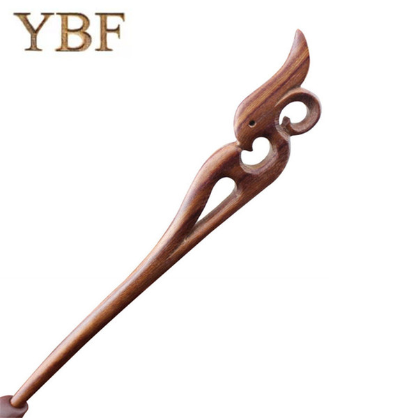 YBF Vintage Hairwear Red Sandalwood wood Hair Sticks Boutique Carve Animal Bird Phoenix Hairpins Styling Tools for Bride Girl