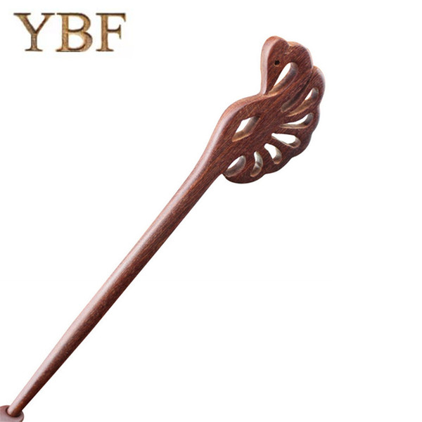 YBF Hairwear Red sandalwood Barrettes Animal Peacock Hair Sticks Accessory Fashion Vintage Hairpin Shinning Colorful Jewelry