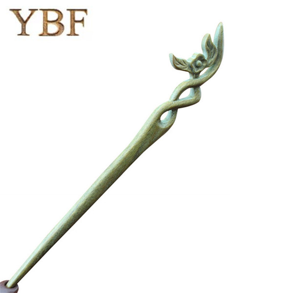 YBF Pure handmade Hairwear Green Sandalwood Barrettes Philadelphus Hair Sticks hairpins Wood Pins Comiya Novelty Jewel craft