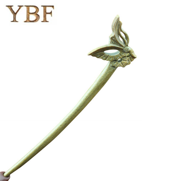 YBF Wood Insect Hair Pins Sticks Green Sandalwood Kings bridal Crown and Tiaras Butterfly Hairgrips Serre Tete Pince Bijoux