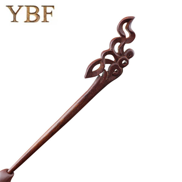 YBF Red Sandalwood Wooden Hair Sticks Pin Wood Boutique carved Feather healthy care Hairpins styling tools for wedding bride