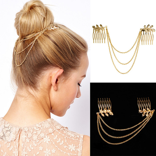 Gold Tassel Leaf Comb Cuff Chain Headband Hair Band C00320 CAD