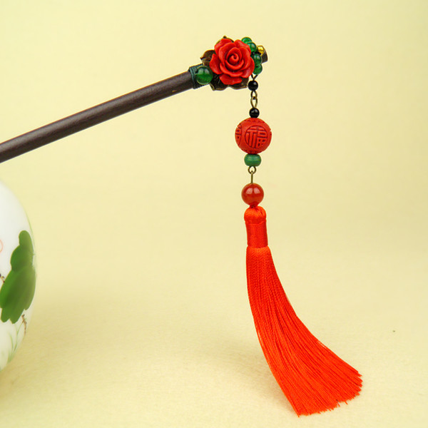 Chinese style red step wave hairpin ancient style han clothing dish hair fringe long hair pin hairpin hairpin ancient costume super fairy ha