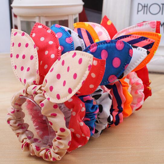 Wholesale-10Pcs/lot Hot Sale Fashion Girls Hair Band Mix Styles Polka Dot Bow Rabbit Ears Elastic Hair Rope Ponytail Holder Free Shipping