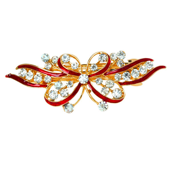 Red Butterfly Plastic Rhinestone French Hair Clip Barrette for Woman