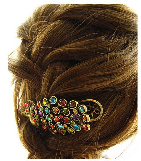 Women's Beauty Vintage Colorful Crystal Rhinestone Peacock Hair Pin Hair Clip Fashion Accessories Jewelry chea gift