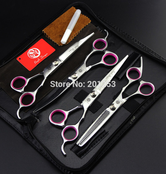 7.0Inch 4Pcs/Set JP440C Purple Dragon Pet Grooming Scissors Silver Dog Shears Big Straight &Thinning&Curved Scissors LZS0508