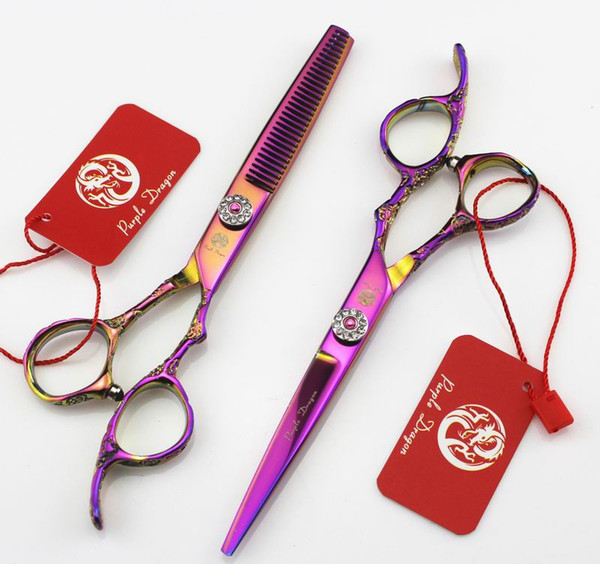 Purple dragon Hair scissors Rainbow GEM screw Hair Cutting and Thinning Scissors 6 INCH Rose carving handle Simple packing NEW