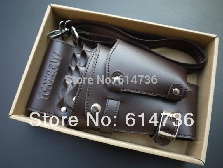 Wholesale-Professional PU Leather Rivet Clips Bag Salon Scissors Hairdressing Holster Pouch Holder Case Brown H0006