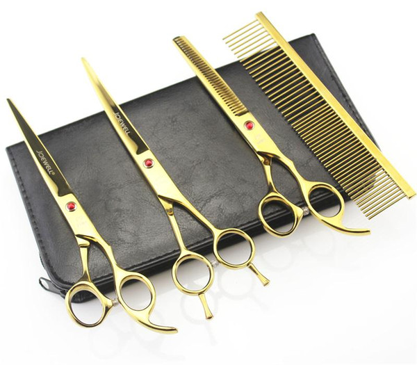 7 Inch Hairdressing Scissors 62HRC JP 440C Stainless Steel Pet Hair Cutting/Thinning Shears 4Pcs/Set With Bag Plated Gold