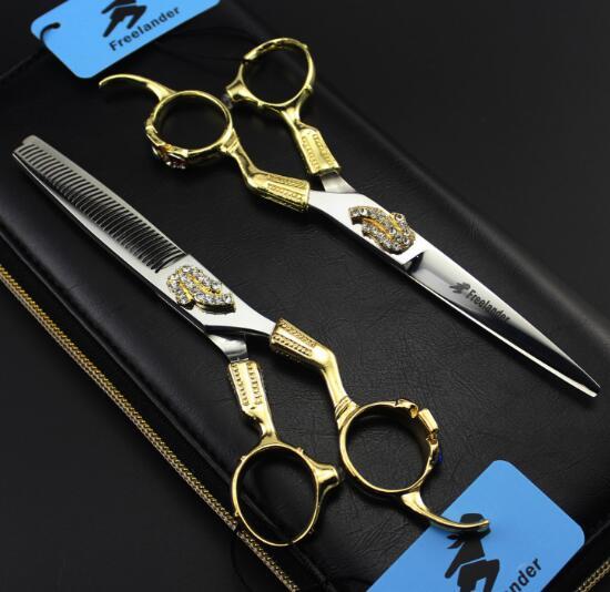 6inch hot sale Freelander hair shears hair scissors 440C gold silver with rhinestone Hairdressing scissor flat teeth shear thinning scissors