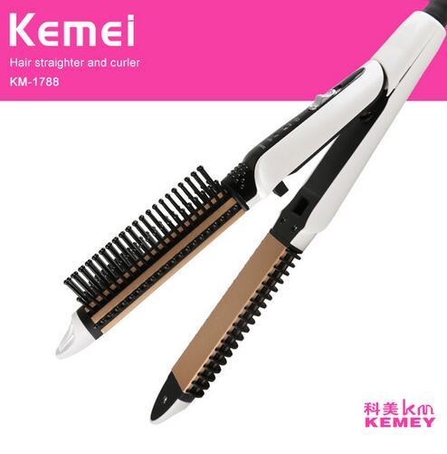 Kemei 2-in-1 Portable Fast Hair Straightener Ceramic Straightening Brush Hair Flat Iron Brush Comb Curler Roller Curling Iron KM-1788