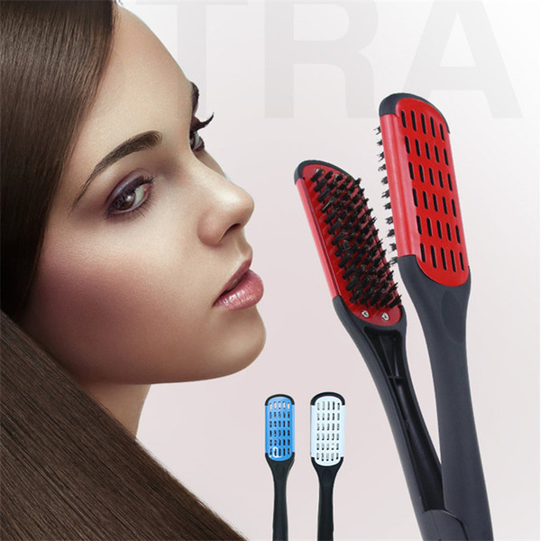 Pro Hairdressing Straightener Ceramic Hair Straightening Double Brushes V Shape Comb Clamp Not Hurt Styling Tools R0535