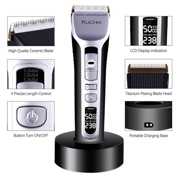 RUCHA Barber Electric Hair Clipper Rechargeable Hair Trimmer Titanium Ceramic Blade LCD Display Salon Men Hair Cutting Machine