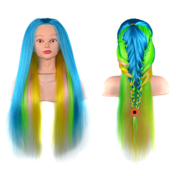 NewTD 100% High Temperature Fiber Long Hair Hairdressing Training Head Model with Clamp Stand Practice Salon Mannequin Head Colorful