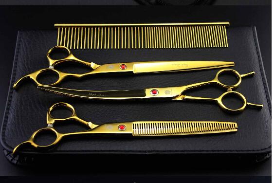 drop delivery new arrival gold shears 8.0'' 3pcs set profeessinal pet flat teeth scissors hair scissors sets suit pet scissors