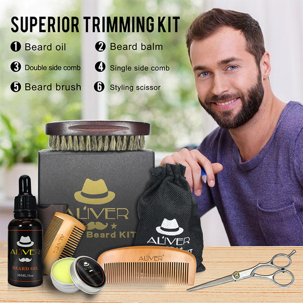 6pcs/set Men's Beard Comb Set Pig Hair Double-Sided Comb Scissors Wax Oil Template Beard Tool 13*13*6CM