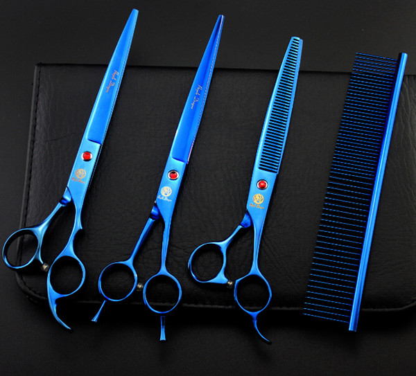 hot sale blue 8.0'' 3pcs per set send with combs profeessinal pet flat teeth scissors hair scissors sets suit pet scissors drop delivery