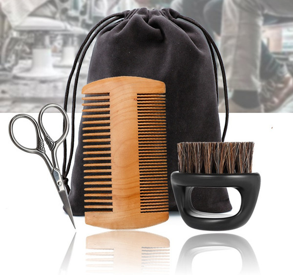 Men Beard Brush Comb Scissor Care Kit Set Bag Packing Outdoor Travel Portable High Quality 3pcs/set