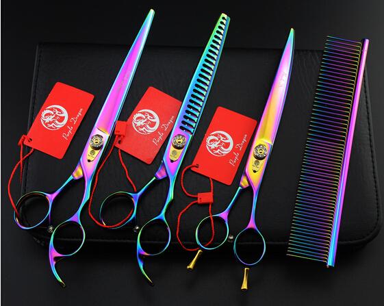 colorful upscale pet grooming shears 8.0'' 3 pcs set profeessinal pet flat teeth Curved scissors hair scissors sets suit pet scissors