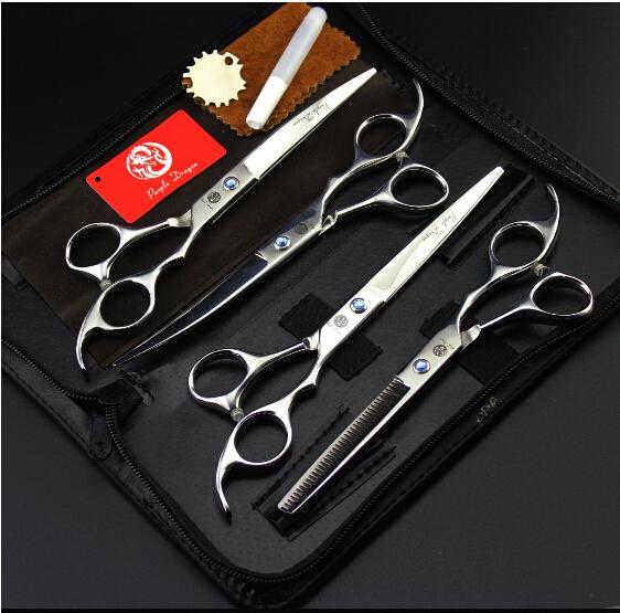 Stainless steel shine blue stone shears 7.0'' 4pcs set profeessinal pet flat teeth Curved scissors hair scissors sets suit pet scissors