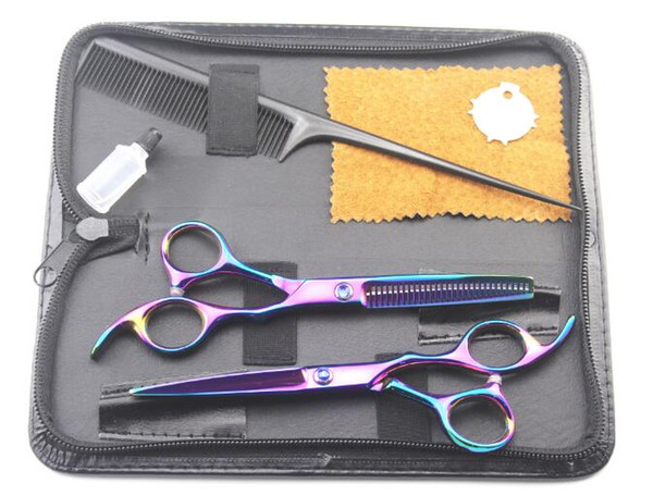 6inch personality colorful blue black Hairdressing scissors sets Flat shear Teeth scissors thinning cutting scissors Hair Care Styling Tools