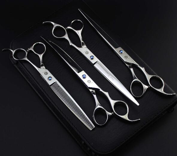 Silver light 8.0'' 4 pcs a set profeessinal pet flat teeth Curved scissors hair scissors set kits scissors sets suit pet scissors