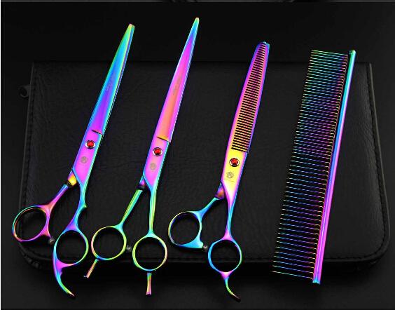 drop delivery new arrival colorful shears 8.0'' 3pcs set profeessinal pet flat teeth scissors hair scissors sets suit pet scissors