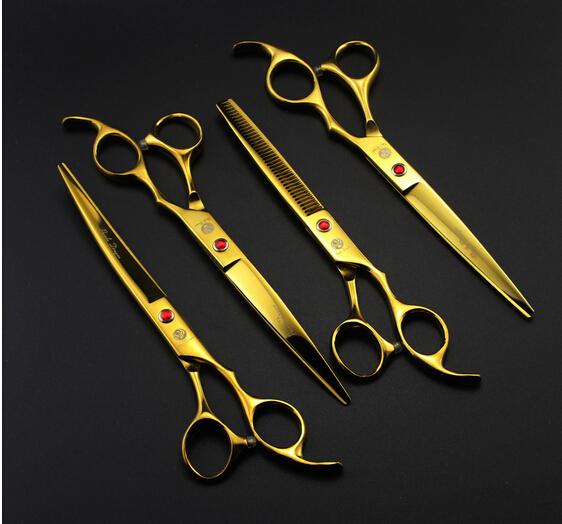 hot sale gold plated 7.0'' 4pcs set profeessinal pet flat teeth scissors hair scissors sets suit pet scissors drop delivery