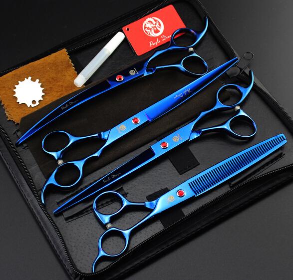 purple dragon blue shears 8.0'' 4 pcs set profeessinal pet flat teeth Curved scissors hair scissors set kits scissors sets suit pet scissors