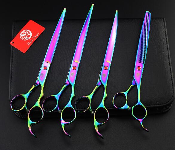 purple dragon colorful 8.0'' 4 pcs a set profeessinal pet flat teeth Curved scissors hair scissors set kits scissors sets suit pet scissors