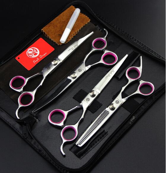 High screw high end shears 7.0'' 4pcs set profeessinal pet flat teeth Curved scissors hair scissors sets suit pet scissors